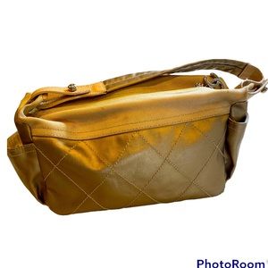 RARE Chanel Biarritz coated canvas gold quilted shoulder Bag